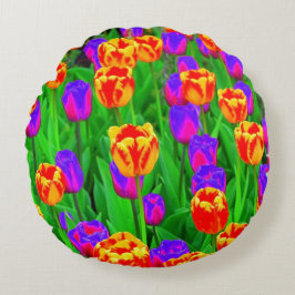 Pop Art Neon Tulips Rund Kudde