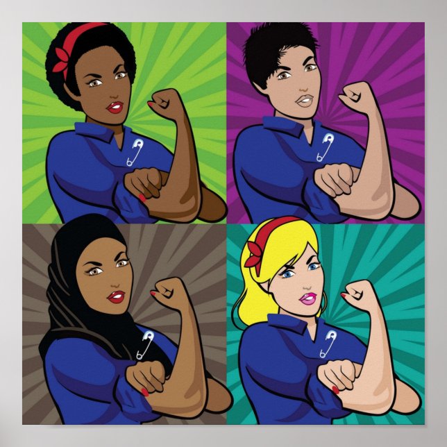 Pop art of multicultural Rosie the Riveters wearin Poster (Framsidan)