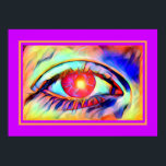 Pop Art Öga som en Flame Bold Psychedelic Poster<br><div class="desc">Det här är en coola popkonsdesign med ett psykodeliskt öga som brinner med levande färg och verkar ha en låga i eleven med orange ram och lila bakgrund.</div>