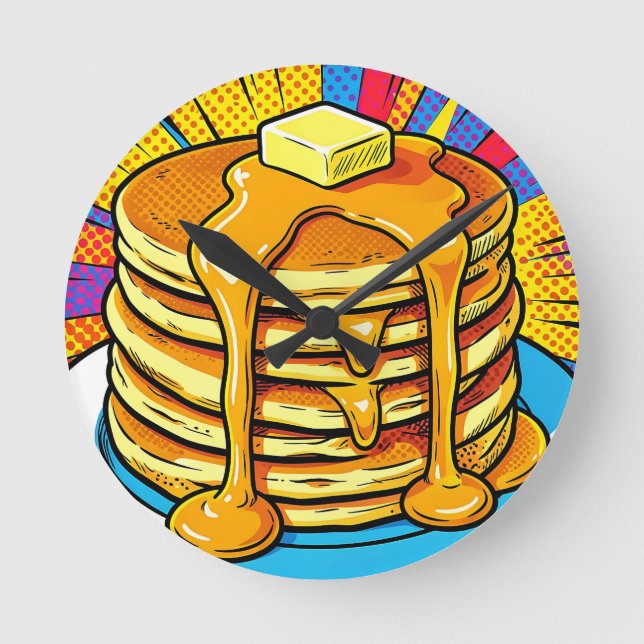 Pop Art-pannkaksstapel Sirap Rund Klocka (Framsida)