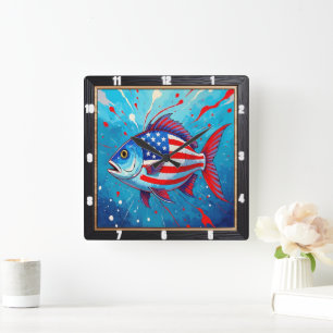 Pop Art Patriotic Fish Fyrkantig Klocka
