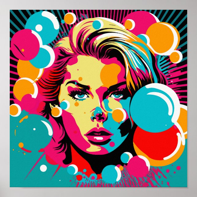Pop Art Porträtt - Vibrant Womans Ansikte Poster k (Framsidan)