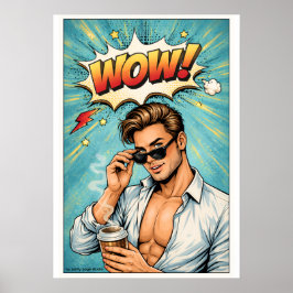 Pop Art Poster „WOW!“ – Attraktiver Mann Comic Wan