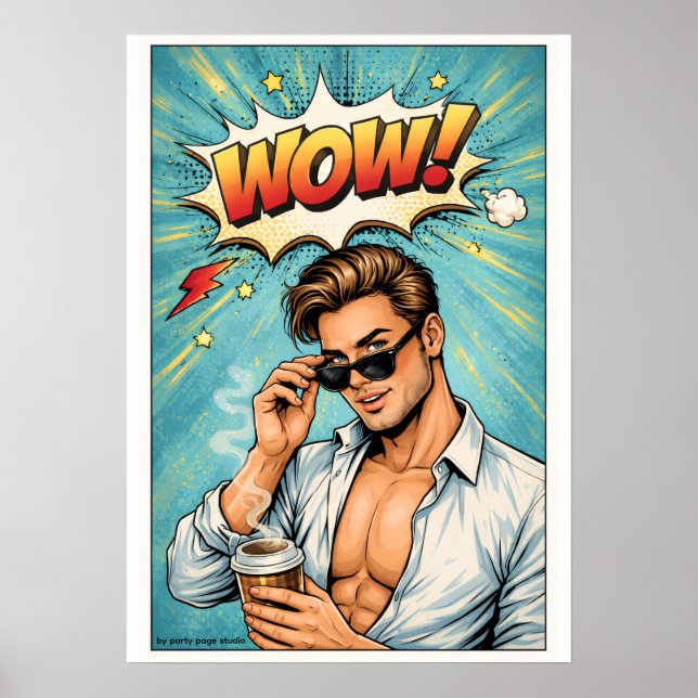 Pop Art Poster „WOW!“ – Attraktiver Mann Comic Wan (Framsidan)