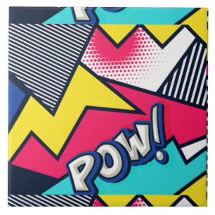 Pop Art Pow! Mönster i Magenta, blått och svart Kakelplatta