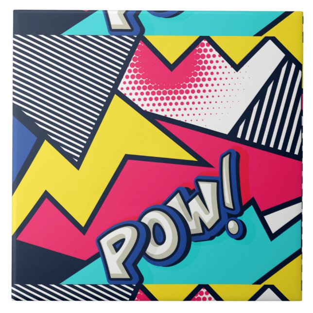 Pop Art Pow! Mönster i Magenta, blått och svart Kakelplatta (Framsidan)