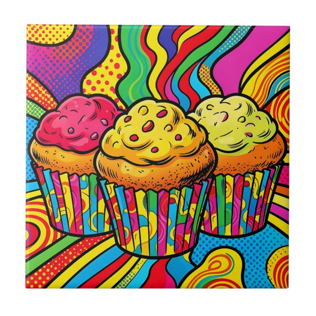 Pop Art Regnbågscupcakes Explosion Kakelplatta (Framsidan)
