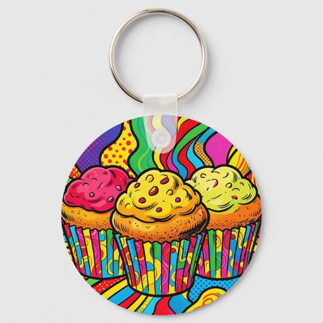 Pop Art Regnbågscupcakes Explosion Nyckelring (Framsida)