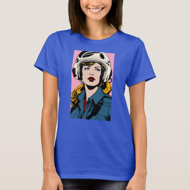 Pop Art Retro Woman i Helmet Graphic T-Shirt (Framsida)