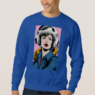 Pop Art Retro Woman i Helmet Graphic T-Shirt Lång Ärmad Tröja