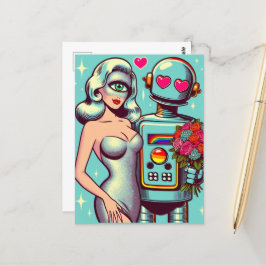 Pop Art Robot och Alien Woman i Kärlek Vykort