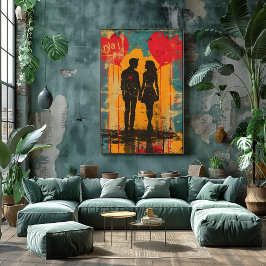 Pop Art Romántico: Pareja con Globos de Corazón Fototryck