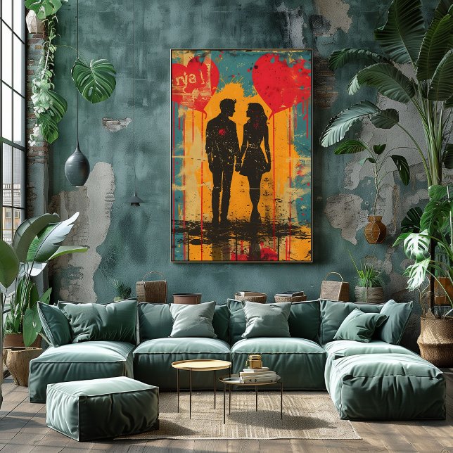 Pop Art Romántico: Pareja con Globos de Corazón Fototryck (Skapare uppladdad)