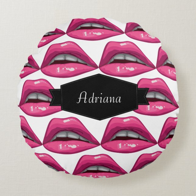 Pop Art Rosa Läppar Makeup Rund Kudde (Framsidan)
