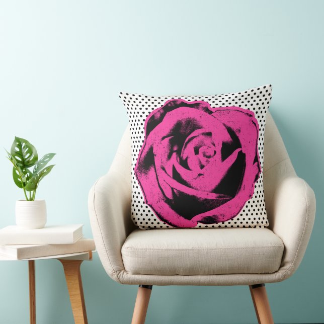 Pop Art Rosa ros på Black & White Polka Kudde (Stol)