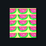 Pop Art rosa vattenmeloner på citronduva Canvastryck<br><div class="desc">Denna ursprungliga vattenfärgsillustration inspireras av popkonst och är en formgivning av söt,  höft,  rosa och grönt vattenmelonfrukt i mönster på bakgrunden av gulten av pastellcitroner. Den här roligtarna fruktdesignen är skarp och färglös och ger ett leende.</div>
