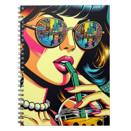 Pop Art Serietidning Snygg Kvinna Dricker Boba Anteckningsbok