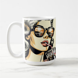Pop Art Serietidning Snygg Kvinna Dricker Läsk Kaffemugg