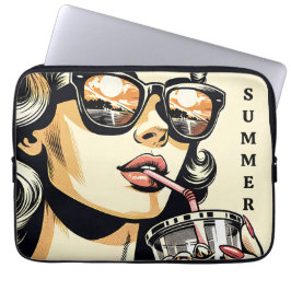 Pop Art Serietidning Snygg Kvinna Dricker Läsk Laptop Fodral
