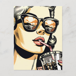 Pop Art Serietidning Snygg Kvinna Dricker Läsk Vykort