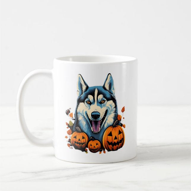 Pop Art Sfräing Husky Hund med Pumpkins Halloween Kaffemugg (Vänster)