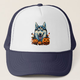 Pop Art Sfräing Husky Hund med Pumpkins Halloween Keps