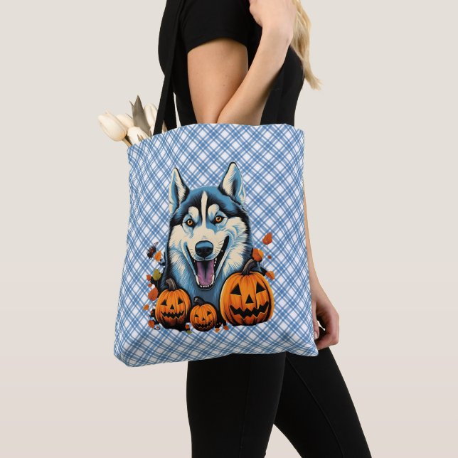 Pop Art Sfräing Husky Hund med Pumpkins Halloween Tygkasse (Närbild)