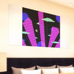 Pop Art Skyline Bright Lila Rosa Stars Poster<br><div class="desc">Original Pop Art av Skylar Jenkins. Lila byggnad är uppmjukat med moln från grönt,  mörk blått måne och orange hjärta.</div>
