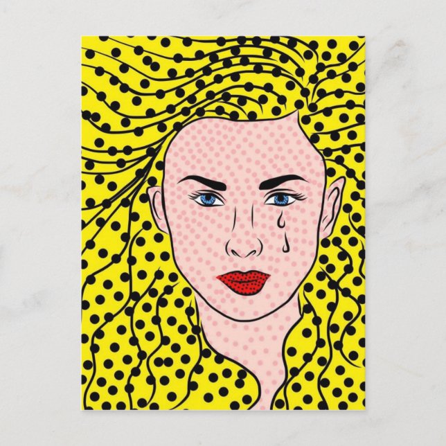 Pop Art Stil Tecknad Bok Gult  Blonde Ledsen Girl Vykort (Framsida)