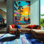 Pop Art Strandcafé vid solnedgång Canvastryck<br><div class="desc">Sjunk in i den pulserande energin från en tropisk kväll med denna djärva popkonst som visar ett strandcafé vid solnedgång. De livliga färgerna och det retroinspirerade stilen fångar essensen av havsluft och tropisk charm. Perfekt för fans av popkonst, sommarstämning och de som söker trendig, färgrik dekoration för att lysa upp...</div>