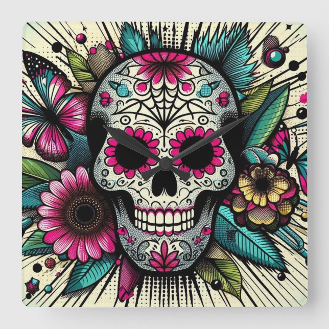 Pop Art Sugar Skull Fyrkantig Klocka (Framsida)