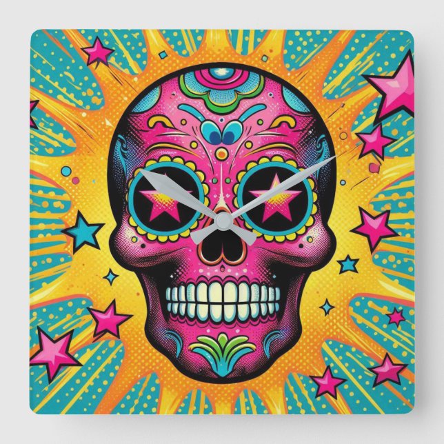 Pop Art Sugar Skull Fyrkantig Klocka (Framsida)