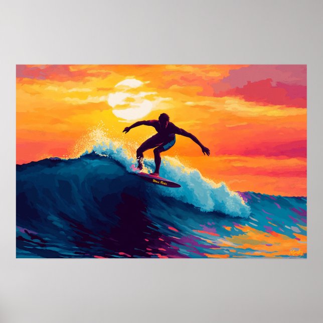 Pop Art Surfing Solnedgång Väggkonst – Vågridning  (Framsidan)