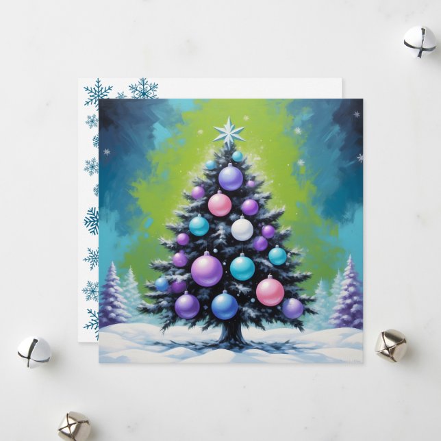 Pop Art Synthwave-jul med Syd Grönt Violet Julkort (Fram/Back In Situ)