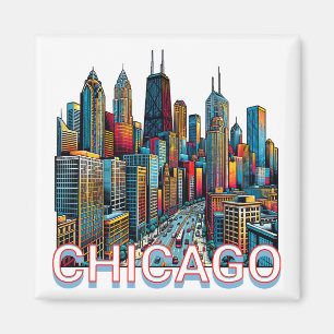 Pop art Tecknad Bok Art Chicago Illinois Skyline Magnet