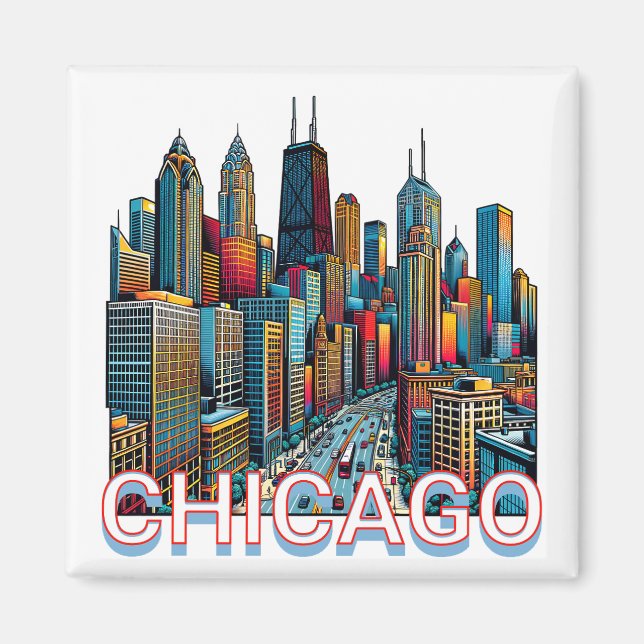 Pop art Tecknad Bok Art Chicago Illinois Skyline Magnet (Framsidan)
