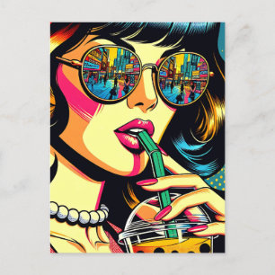 Pop Art Tecknad Bok Söt Woman Drinking Boba Vykort
