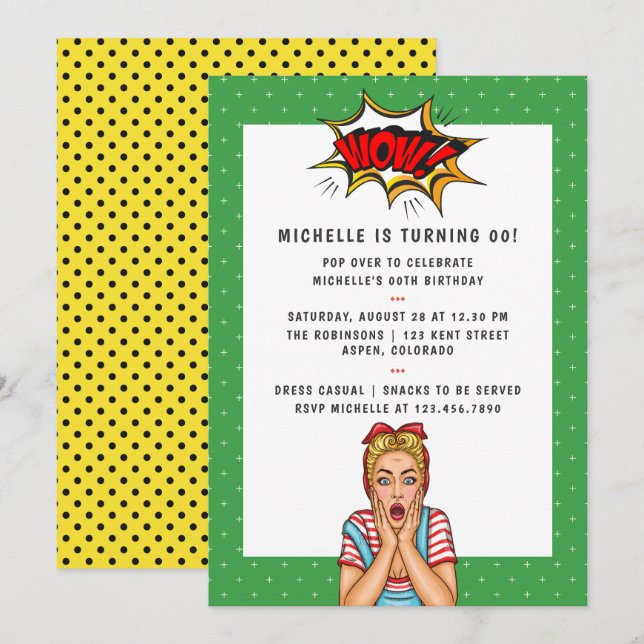Pop Art Tecknad Födelsedagsfest inbjudan (Fram/baksida)