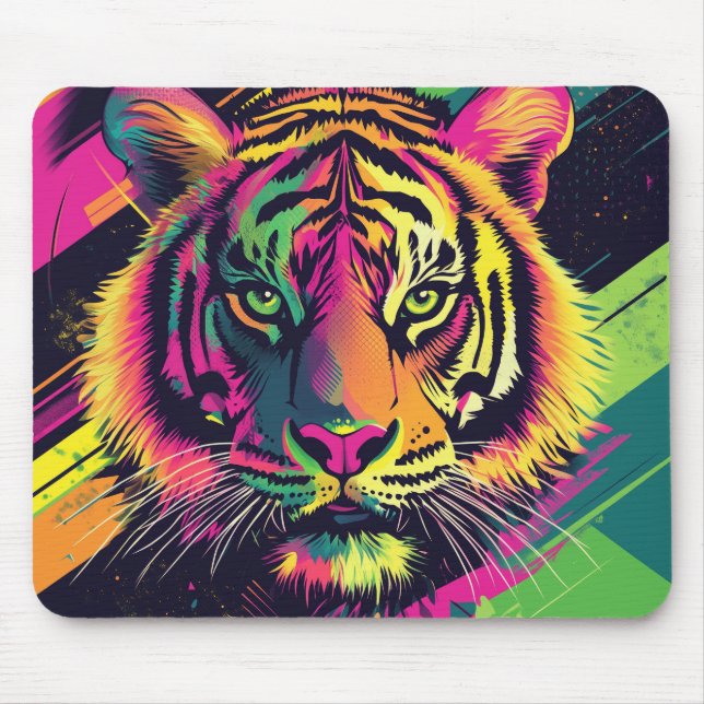 Pop Art Tiger Illustration med neonfärger Musmatta (Framsidan)
