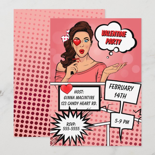 Pop Art Valentines day Party Inbjudningar (Fram/baksida)