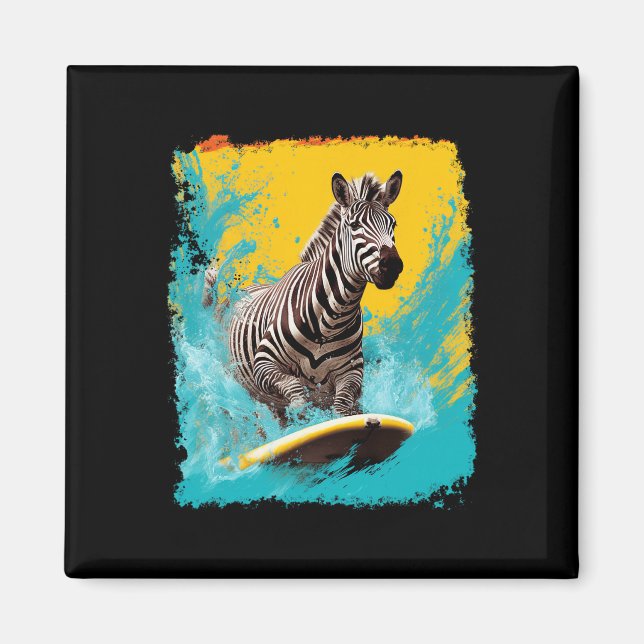 Pop Art Vintage Zoo Djur Zebra Surfing  Magnet (Framsidan)