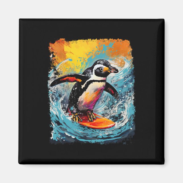 Pop Art Vintage Zoo Fågel Surfing Pingvin  Magnet (Framsidan)
