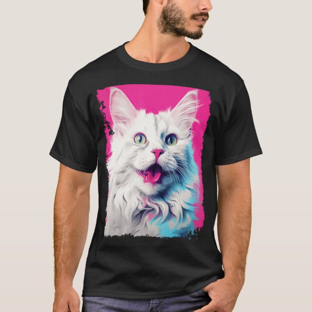 Pop Art Vit Katt Rosa T Shirt (Framsida)