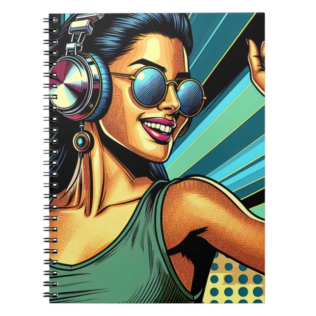 Pop Art Woman i hörlurar Dancing Anteckningsbok (Framsidan)