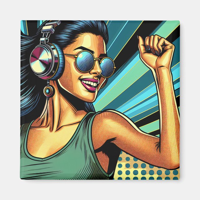 Pop Art Woman i hörlurar Dancing Magnet (Framsidan)