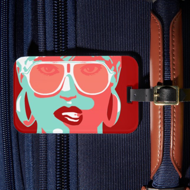 Pop Art Woman in White Sunglasses Biting Red Läppa Bagagebricka (Framsida Insitu 4)