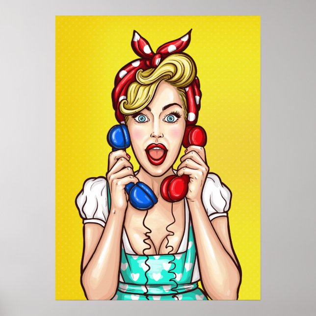 Pop Art Woman på två Telefoner poster (Framsidan)