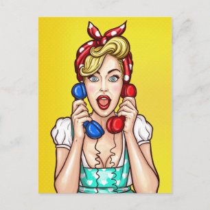 Pop Art Woman på vykort med två Telefoner