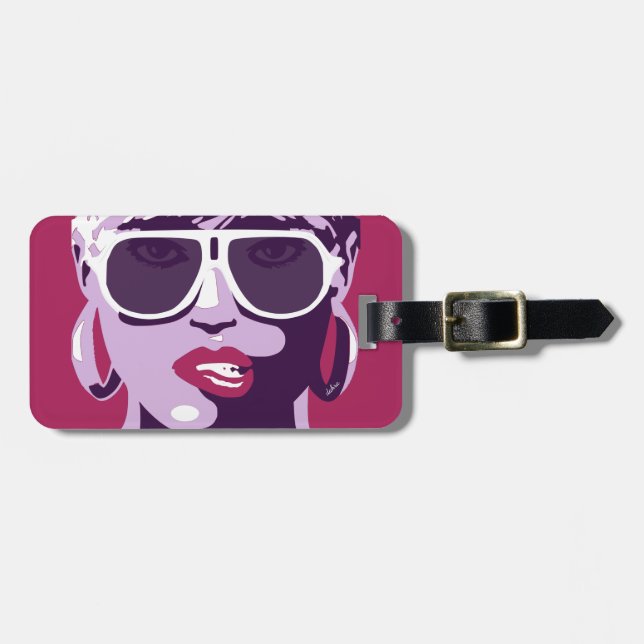Pop Art Woman White Sunglasses Biting Rosa Läppar Bagagebricka (Horisontell Framsida)