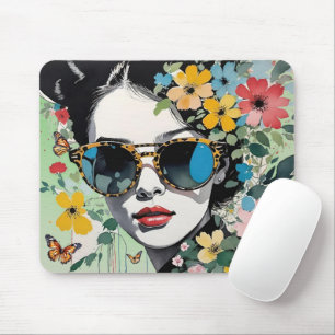 Pop Art Womans Blommigt Ansikte med Butterflies Musmatta